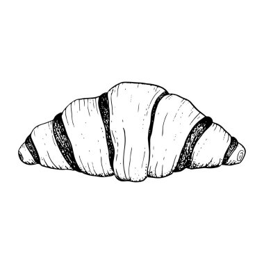 Öğle yemeği ve kahvaltı için Fransız kruvasanı. Siyah beyaz çizim. Fırın taze hamur yemeği Clipart menü tasarımı.