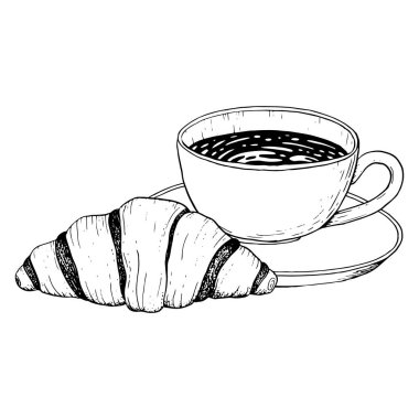 Kahve molası, kahvaltı, menüler, davetiyeler için siyah beyaz kruvasan vektörü..