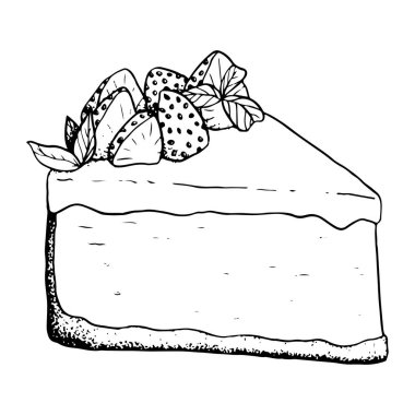 Vector çilekli cheesecake tatlı siyah beyaz çizim. Pastane için çilek ve nane yapraklı nefis bir üçgen pasta parçası..