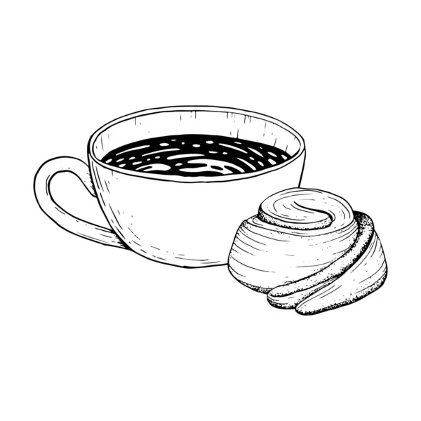 Coffee Cup Cappuccino Cinnamon Roll Bun Vector Graphic Ink Illustration — Stock Vector