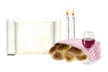Kumaş kaplı Şabat Challah, yanan iki mum, kırmızı şarap bardağı ve boş Tevrat el yazısı cumartesi arifesi töreni için beyaz arka planda izole edilmiş. Yahudi inanç şablonu.