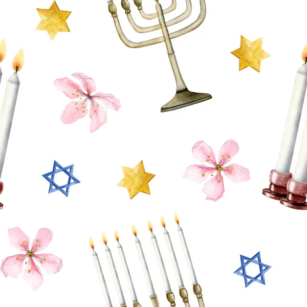 星期六的会面时 Shabbat蜡烛 犹太薄荷树 大卫之星以及白色背景的水彩斑斓的花朵将齐聚一堂 — 图库照片