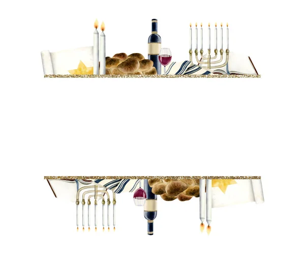 Yahudi Ekmeği Şarap Tevrat Kitabı Mumlar Tallit Ile Beyaza Izole — Stok fotoğraf