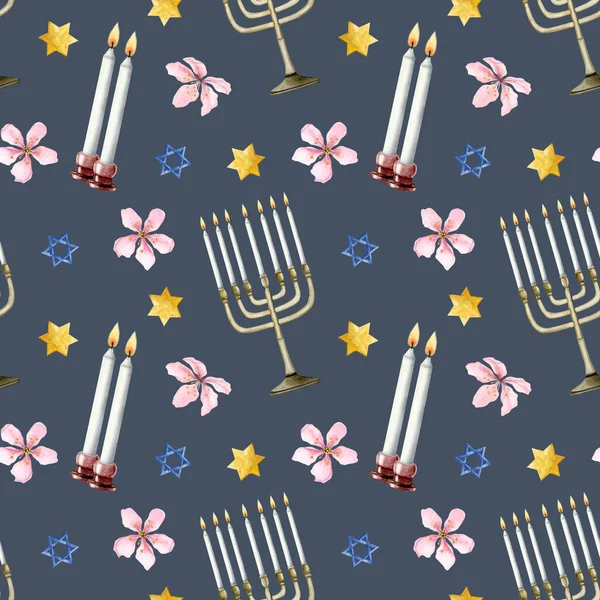 深蓝色的Shabbat水彩斑斓的图案 点缀着蜡烛 犹太薄荷树 大卫之星和犹太星期六聚会的花朵 — 图库照片