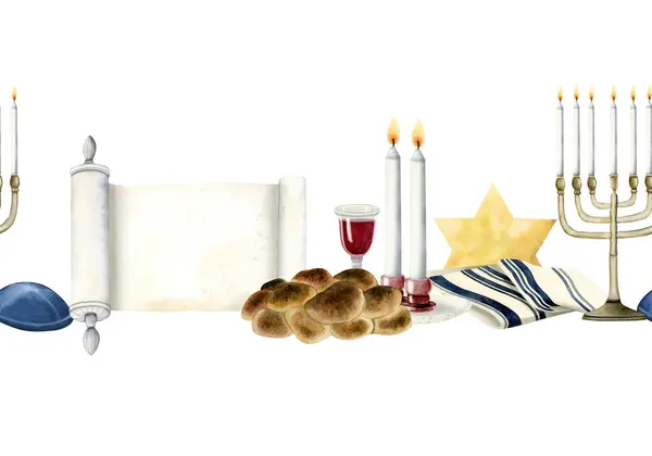 Зустріч Шабатською Церемонією Горизонтально Безшовний Кордон Єврейським Хлібом Преса Вином — стокове фото