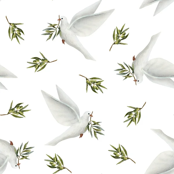 White pigeon bird with olive branch of peace, flying doves watercolor seamless pattern on white background.