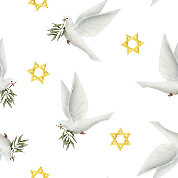 White dove of peace with olive branch and gold stars of David, flying pigeon bird watercolor seamless pattern on white background for stand with Israel designs.