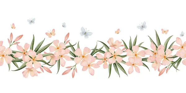 Oleander flowers with flying peach pink and pastel blue butterflies watercolor seamless border isolated on white background. Floral horizontal banner for wedding designs and baby girl room decor.