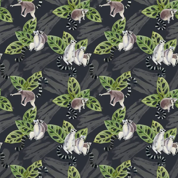 Lemurs Tropical Monstera Leaves Watercolor Seamless Pattern Dark Blue Background — Stock Photo, Image