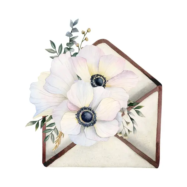White Anemones Flowers Vintage Envelope Watercolor Illustration Isolated White Background — Stock Photo, Image