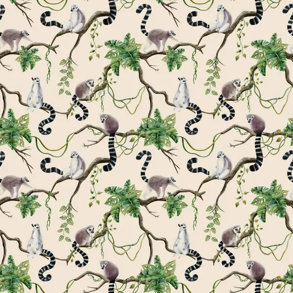 Tropiska Lemurer Djungelträd Med Palmblad Och Vinstockar Akvarell Sömlös Mönster — Stockfoto