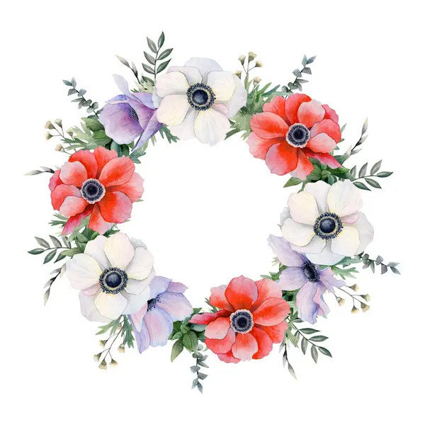 Red White Purple Field Flowers Herbs Wreath Frame Watercolor Isolated — Stock Photo, Image