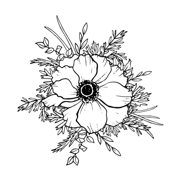 Flor Anémona Vectorial Con Ramas Eucalipto Ilustración Tinta Dibujada Mano — Vector de stock