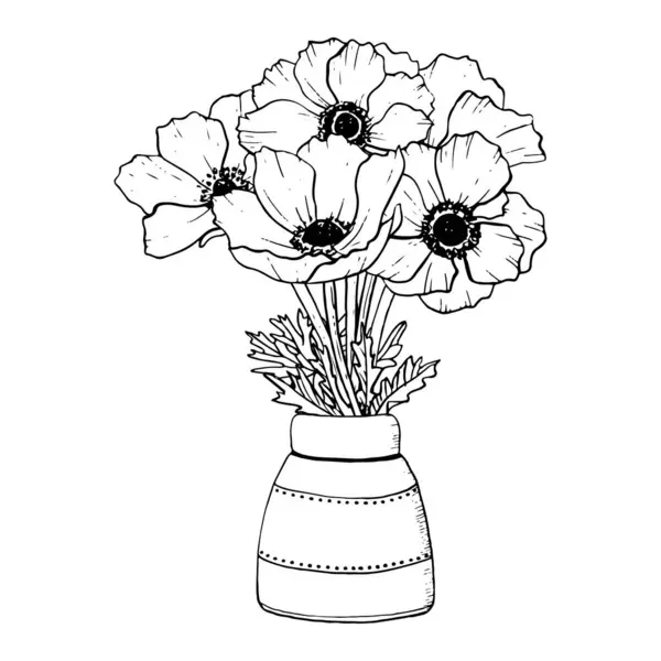 Ramo Flores Silvestres Anémonas Ilustración Vectorial Jarrón Cerámica Dibujo Tinta — Vector de stock