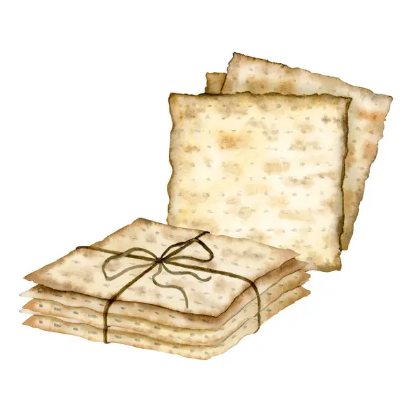 白い背景に隔離された水彩画のスタックの正方形のマッツァ パスオーバーのパン 伝統的なペサチャコーシャフード 休日のデザインのための手描きのユダヤ人のマトソ — ストック写真