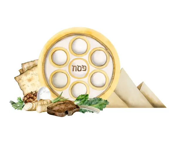 Påsk Seder Platta Med Matzah Och Traditionell Semester Mat Akvarell — Stockfoto