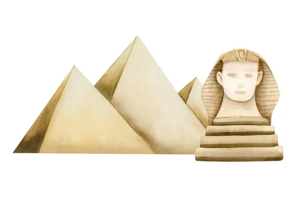 Ägyptische Pyramiden Von Gizeh Mit Statue Der Sphinx Aquarell Illustration — Stockfoto