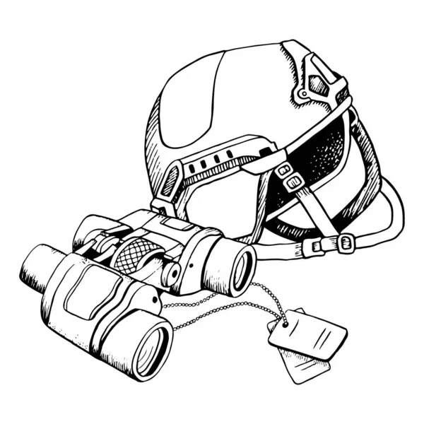 Equipo Militar Militar Casco Binoculares Tácticos Insignias Número Personal Ilustración — Vector de stock