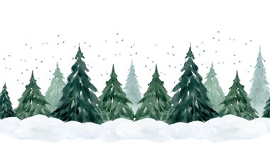 Köknar ağaçlarına düşen kar, orman, sulu boya, dikişsiz sınır. Noel yeşili ladin, kış tatili için beyaza izole edilmiş. Yatay pankartlar ve manzara tasarımları..