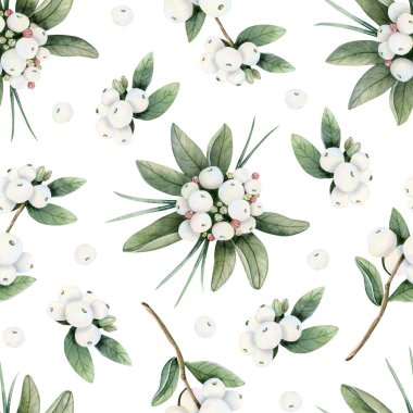 Yeşil yapraklı böğürtlen dalları beyazın üzerinde dikişsiz suluboya deseni. Kış tatili için el çizimi Noel botanik çiçekleri tebrik kartları ve parmak izleri..