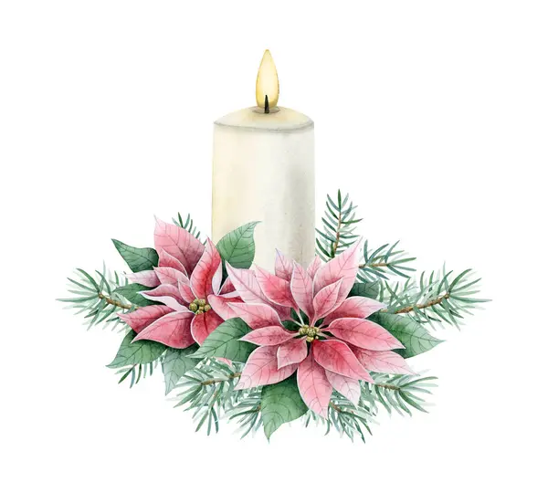 Kerst Brandende Kaars Met Roze Poinsettia Bloemen Dennen Takken Aquarel — Stockfoto