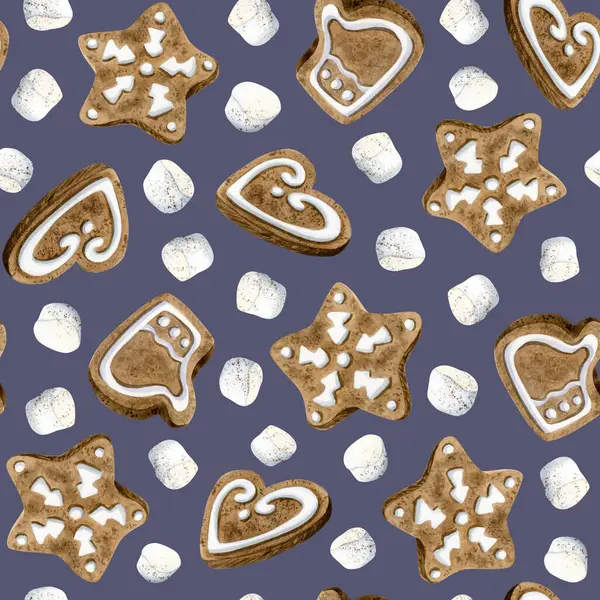 Christmas Gingerbread Glazed Cookies Snowflakes Heart Mitten Shape White Marshmallow — Stock Photo, Image