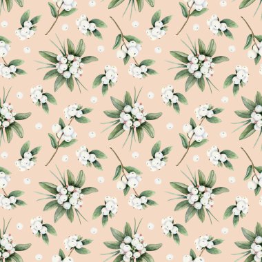 Beyaz böğürtlenli ve yeşil yapraklı son moda şeftali tüyü Noel deseni. Botanik çiçek dizaynları ve bayram tebrik kartları için el yapımı suluboya dallar..