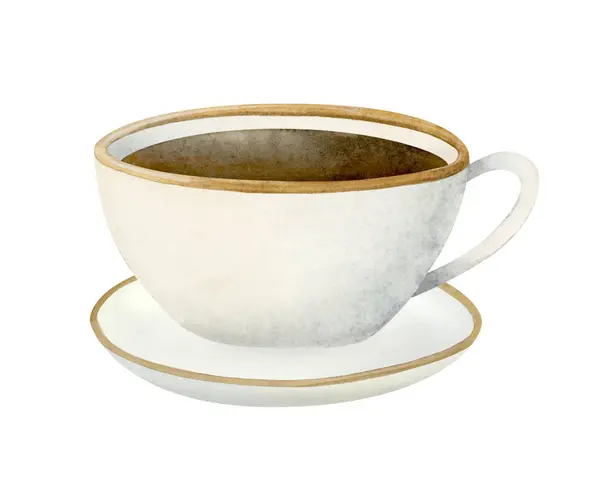 Біла Чашка Чаю Чорним Чаєм Акварельною Ілюстрацією Тарілки Ізольована Білому — стокове фото