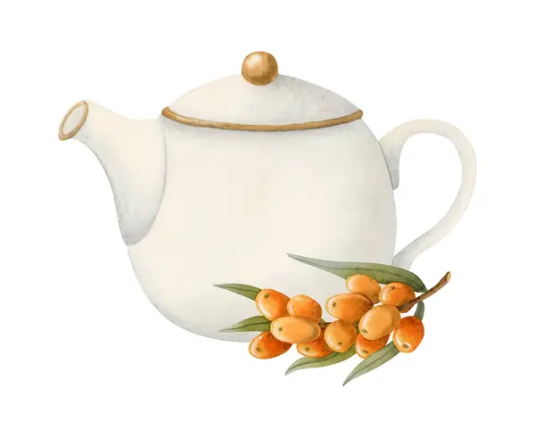 Белый Керамический Чайник Веткой Облепихи Оранжевого Моря Ягодами Акварелью Изолированная — стоковое фото