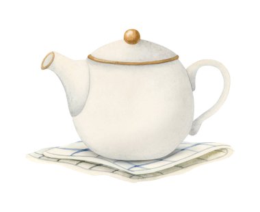 Çizgili masa peçetesi ya da havlu üzerine beyaz seramik çaydanlık. Kafe menüsü, bitki çayı paketleri ve zarif parti davetiyeleri için izole edilmiş suluboya resim..