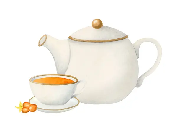 Sea Buckthorn Herbal Tea White Ceramic Teapot Cup Watercolor Isolated — стоковое фото