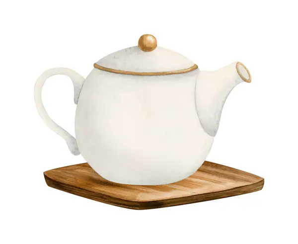 White Teapot Wooden Board Stand Watercolor Illustration Isolated White Cafe — стоковое фото