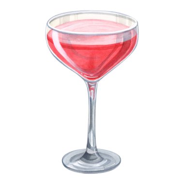 Cam kadehteki kırmızı kokteyl suluboya çizimi beyaza izole edilmiş. Yaz için karpuz, çilek ya da kirazdan yapılmış nefis bir alkollü içecek. Daiquiri 'nin gerçekçi tarzı.