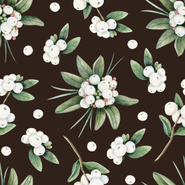 Dark brown and white snowberry berries branches with green leaves watercolor seamless pattern. Hand drawn Christmas botanical floral background for winter holidays greeting cards and prints. clipart