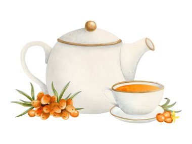 Beyaz seramik çaydanlıkta suluboya bitki çayı ve deniz dikenli üzümlü suluboya doğal organik çay paketleri, vegan kafe menüleri ve sağlıklı içecekler içeren tarifler için izole edilmiş illüstrasyon..
