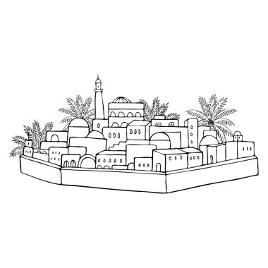 Orta Doğu antik şehir vahasında çöl çizgisi çiziminde palmiye ağaçları var. Yahudi Tevrat tarihi tasarımları için İncil 'deki Kudüs taslağı. Beytüllahim çizimi.