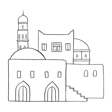 Kudüs eski kasaba caddesi düz çizgi çizimi siyah beyaz. Orta Doğu 'daki minimalist Arap evleri. Kule ve merdiven çizimi ile İslami mimari.