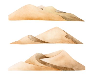 Şafak vakti çöl kum tepeleri beyaz arka planda izole edilmiş suluboya resimleme seti. Bej ve kahverengi renkli basit monokrom doğa çizimleri. Tepelerin panoramik yatay tırmanışı.