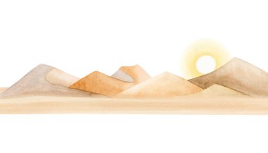 Çöl manzarasında şafak vakti kum tepeleri suluboya resimleriyle beyaz arka planda izole edilmiş. Tek renkli gündoğumu eskizi bej ve sarı renklerde. Panoramik yatay Clipart.