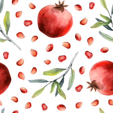 Kırmızı narlar sulu boya desenleri olgunlaşmış meyveler, dallar ve tohumlar beyaz arka planda sonbahar hasat tasarımları, kozmetik ambalajları ve Yahudi Rosh Hashanah ürünleri için..