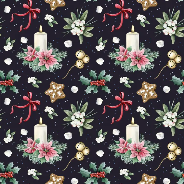 stock image Christmas candles, poinsettia flowers and pine tree branches with falling snow watercolor seamless pattern on dark blue. Festive New Year holiday background with holly, gold bells, red bow and cookie