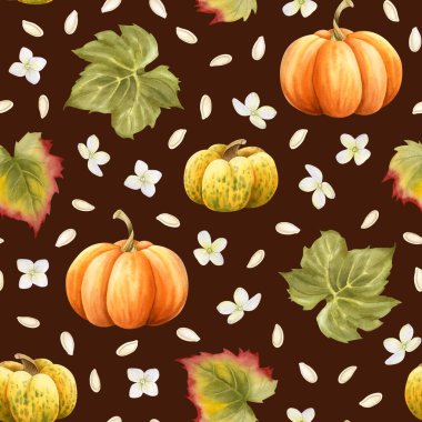 Yeşil yapraklı turuncu sarı balkabakları ve beyaz ortanca çiçekleri koyu kahverengiye renksiz desenli sulu boya. Ekim Şükran Günü için elle çizilmiş sonbahar hasat arkaplanı..