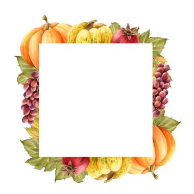 Suluboya balkabağı kare çerçevesi ve kop alanı. Olgun sebze ve meyve hasadı. Şükran Günü için üzüm ve nar ile izole edilmiş illüstrasyon. Sonbahar için tarım kabakları şablonu