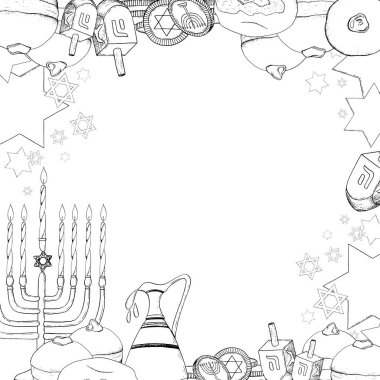 Jewish Hanukkah holiday symbols square frame. Black and white vector template with menorah, dreidels, donuts, jug of olive oil, coins and candles. Israel winter celebration banner template. clipart