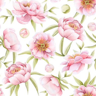 Suluboya pembe şakayık çiçekleri, yaprakları ve tomurcukları bembeyaz. Çiçek bahçesi gülleri bahar düğünü tasarımı için arka planı tekrarlıyor, Kadınlar Günü tebrik kartları ve kız kırtasiye malzemeleri.