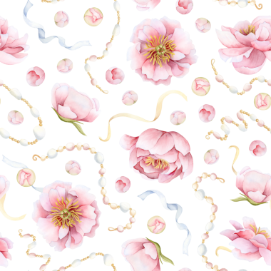 Çiçekli suluboya desenli, pastel pembe şakayık çiçekleri, kurdeleler, inci mücevherler ve beyaz tomurcuklar. Bahar bahçesi gülleri Anneler ve Kadınlar Günü kutlama tasarımları için arka planı tekrarlıyor