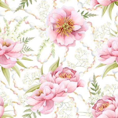 Düğün pembe şakayıkları, beyaz çiçekler, eğrelti otu yaprakları ve sulu boyalı gelinlik mücevherleri. Çiçekli bahçe gülleri bahar veya Anneler Günü tasarımı ve kumaşları için arka planı tekrarlar