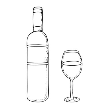 Şarap şişesi ve cam siyah beyaz vektör çizimi. Kaşer Kiddush tasarımları ve Purim, Hamursuz Bayramı Seder ve Şabat yemeği kutlamaları için tek renkli mürekkep taslağı..