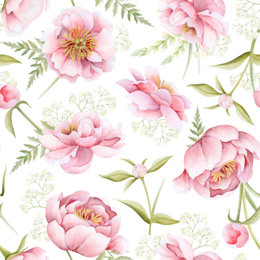 Uluslararası Kadınlar Günü için pastel pembe ve yeşil suluboya desenli bahar çiçekleri. Yaprakları ve tomurcukları olan şakayık ve güller düğün ve kumaşlar için beyaz arka planı tekrarlıyorlar.