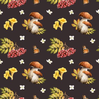 Düşen yapraklı orman porcini mantarları, kızılcık üzümü, kelebekler ve koyu kahverengi üzerine dikişsiz suluboya desenli minik çiçekler. Boletus ve Chanterelles ormanları sonbahar tasarımı için arka planı tekrarlar